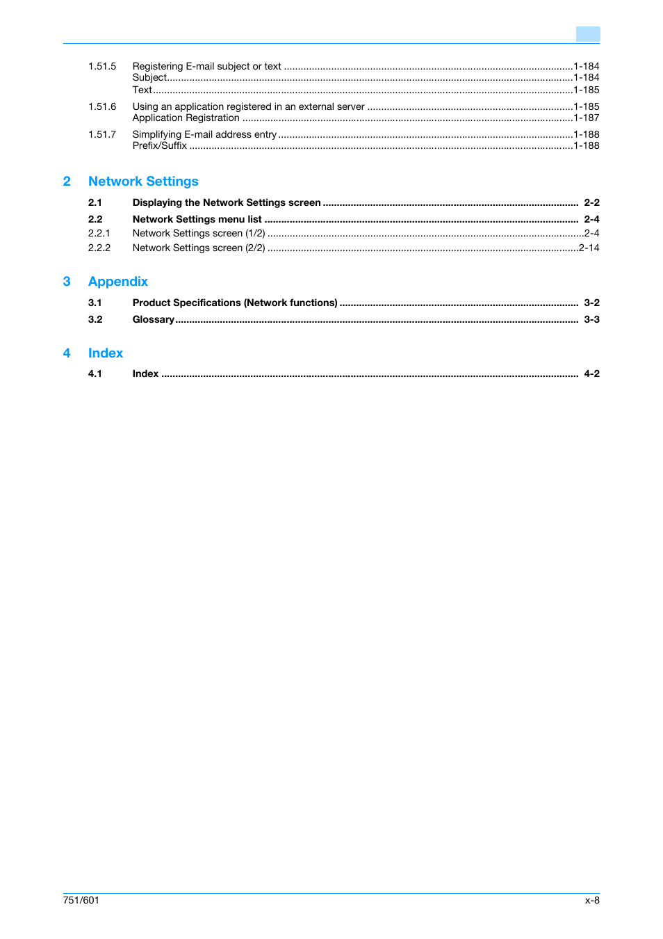 2network settings, 3appendix, 4index | Konica Minolta bizhub 601 User Manual | Page 9 / 233