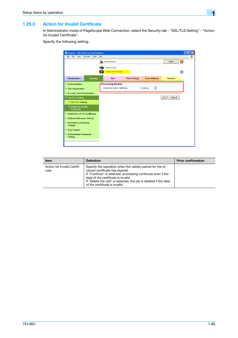 3 action for invalid certificate, Action for invalid certificate -85, Action for invalid certificate | Konica Minolta bizhub 601 User Manual | Page 98 / 233