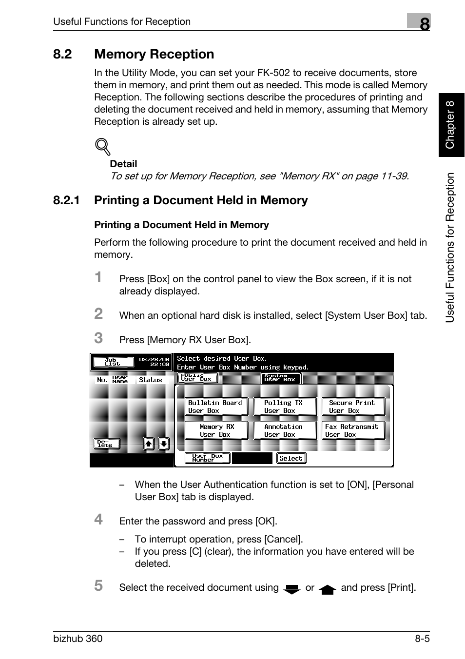 2 memory reception, 1 printing a document held in memory, Printing a document held in memory | Memory reception -5, Printing a document held in memory -5, For details, see "memory reception" (p. 8-5) | Konica Minolta FK-502 User Manual | Page 196 / 458