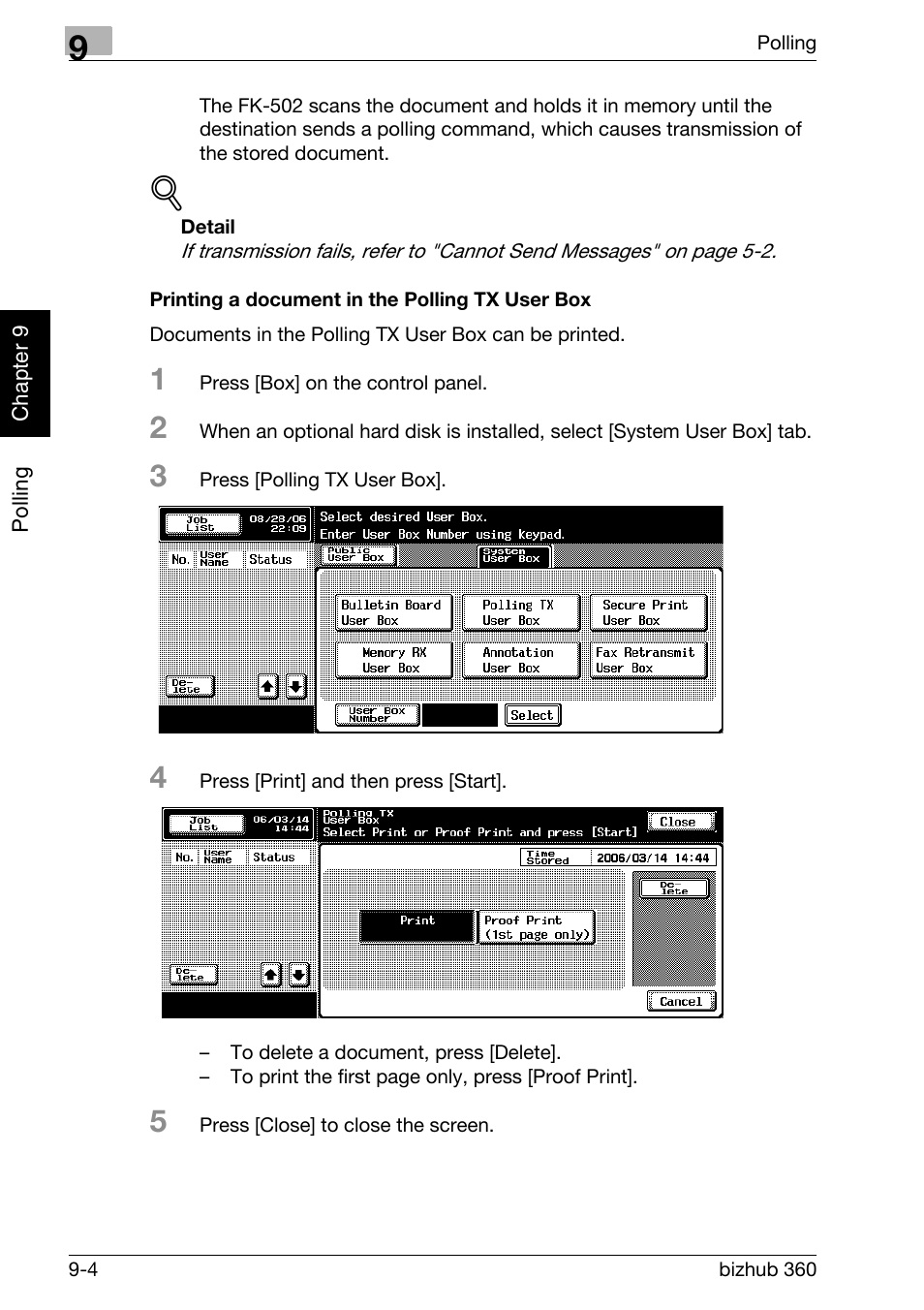 Printing a document in the polling tx user box | Konica Minolta FK-502 User Manual | Page 203 / 458