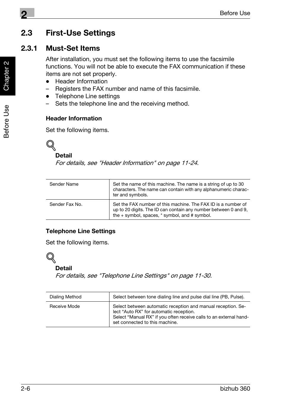 3 first-use settings, 1 must-set items, Header information | Telephone line settings, First-use settings -6, Must-set items -6 | Konica Minolta FK-502 User Manual | Page 35 / 458