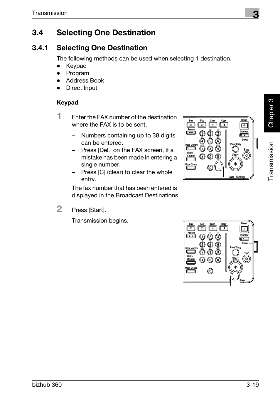 4 selecting one destination, 1 selecting one destination, Keypad | Selecting one destination -19, Tr an sm iss ion chapter 3, Transmission, Press [start]. transmission begins | Konica Minolta FK-502 User Manual | Page 76 / 458