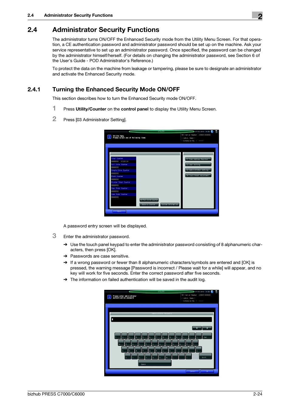 4 administrator security functions, 1 turning the enhanced security mode on/off, Administrator security functions -24 | Turning the enhanced security mode on/off -24 | Konica Minolta bizhub PRESS C6000 User Manual | Page 31 / 44