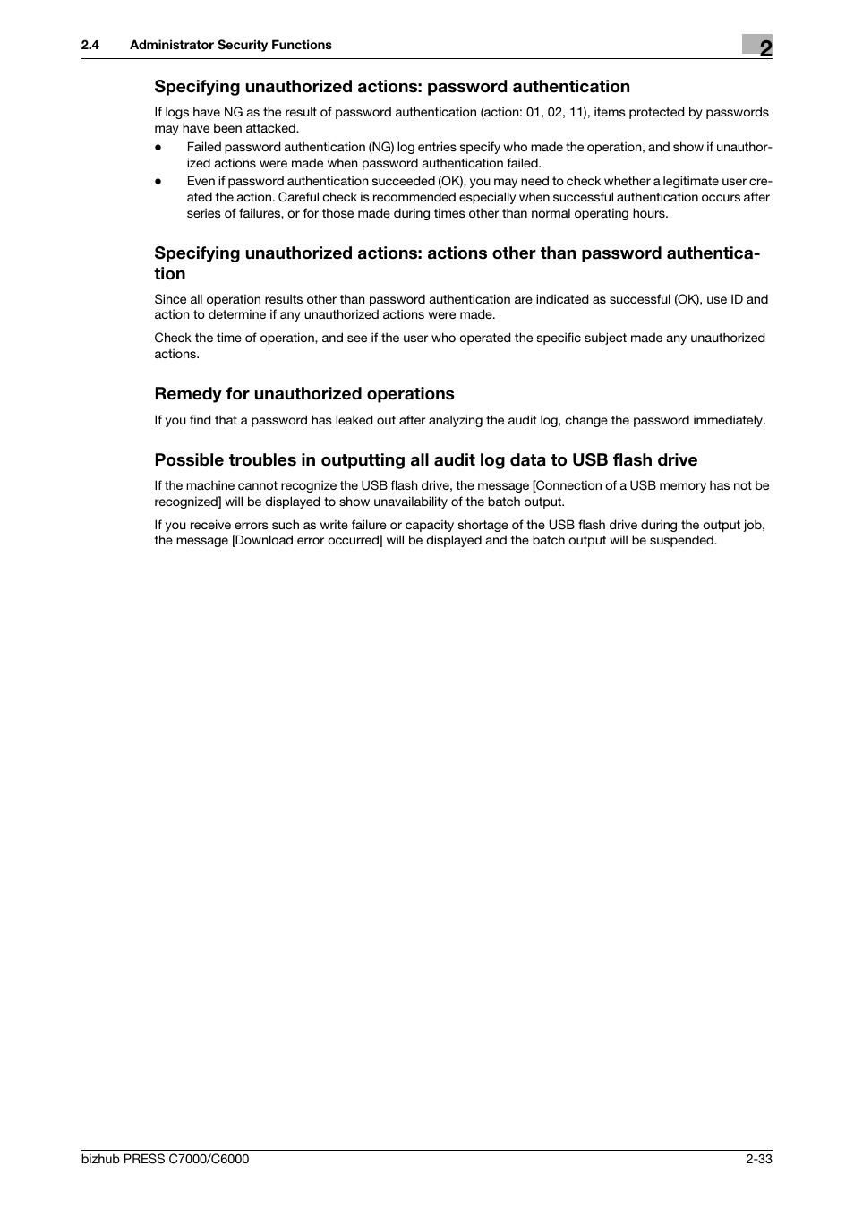 Remedy for unauthorized operations | Konica Minolta bizhub PRESS C6000 User Manual | Page 40 / 44