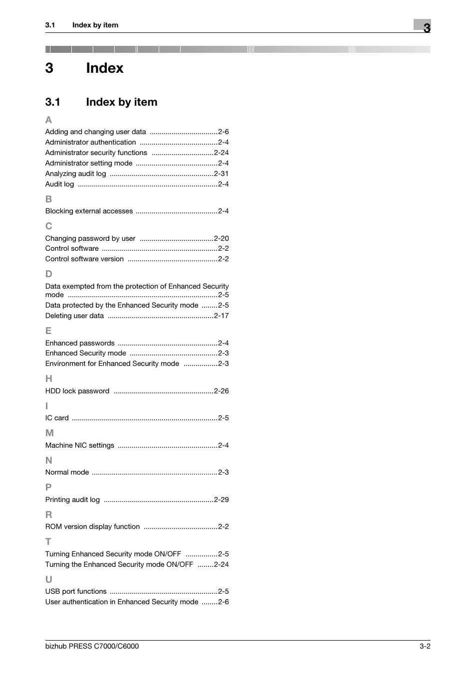 3 index, 1 index by item, Index | Index by item -2, 3index | Konica Minolta bizhub PRESS C6000 User Manual | Page 42 / 44