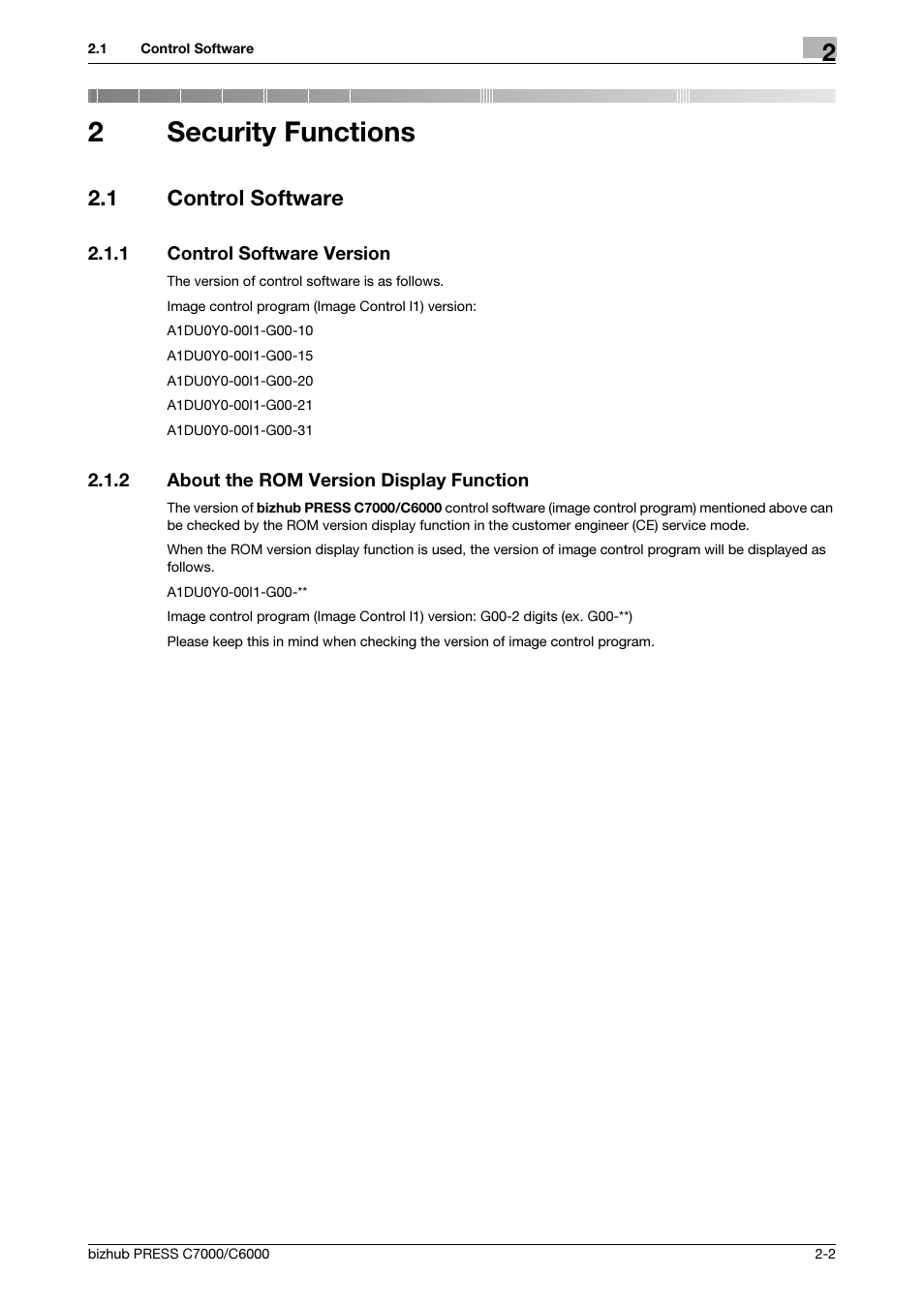 2 security functions, 1 control software, 1 control software version | 2 about the rom version display function, Security functions, Control software -2, Control software version -2, About the rom version display function -2, 2security functions | Konica Minolta bizhub PRESS C6000 User Manual | Page 9 / 44