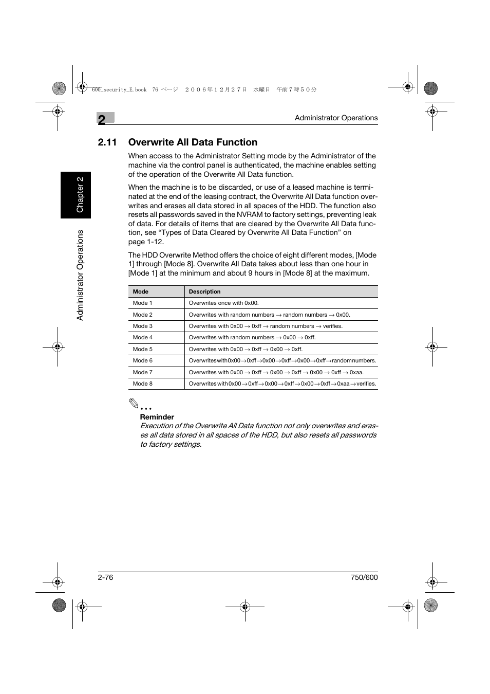 11 overwrite all data function, Overwrite all data function -76 | Konica Minolta bizhub 750 User Manual | Page 95 / 202