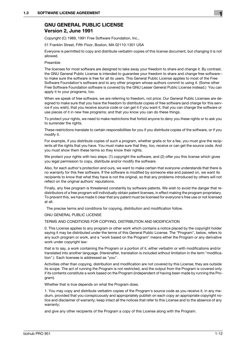 Gnu general public license version 2, june 1991 | Konica Minolta bizhub PRO 951 User Manual | Page 13 / 90