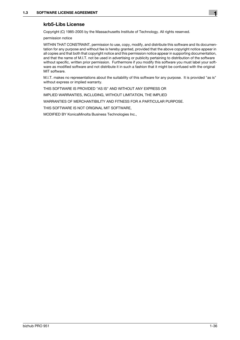Krb5-libs license | Konica Minolta bizhub PRO 951 User Manual | Page 37 / 90