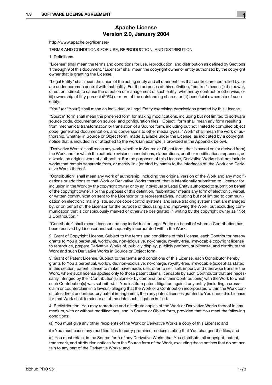 Apache license version 2.0, january 2004 | Konica Minolta bizhub PRO 951 User Manual | Page 74 / 90