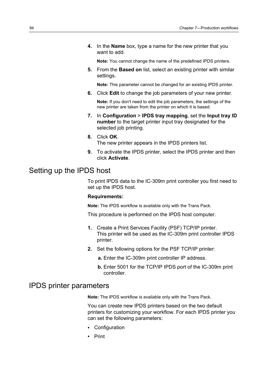 Setting up the ipds host, Ipds printer parameters, Setting up the ipds host ipds printer parameters | Konica Minolta bizhub PRESS 1250 User Manual | Page 102 / 200
