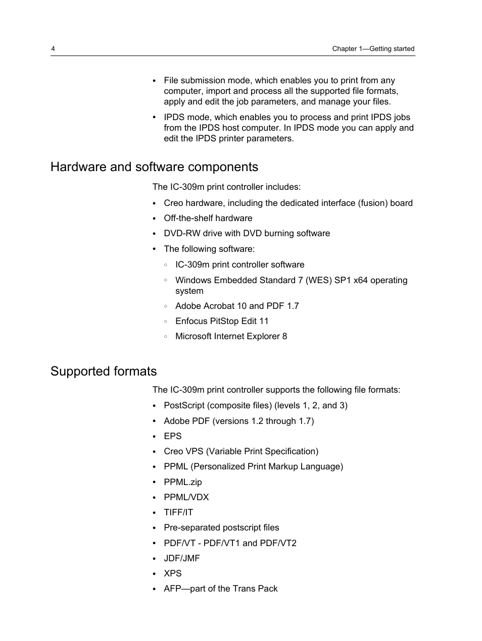 Hardware and software components, Supported formats, Hardware and software components supported formats | Konica Minolta bizhub PRESS 1250 User Manual | Page 12 / 200