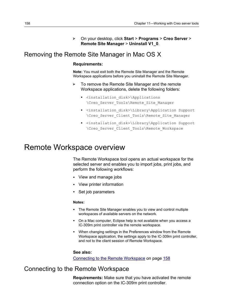 Removing the remote site manager in mac os x, Remote workspace overview, Connecting to the remote workspace | Konica Minolta bizhub PRESS 1250 User Manual | Page 166 / 200