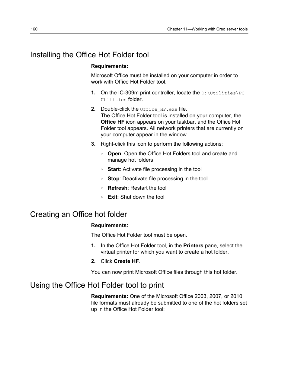Installing the office hot folder tool, Creating an office hot folder, Using the office hot folder tool to print | Konica Minolta bizhub PRESS 1250 User Manual | Page 168 / 200
