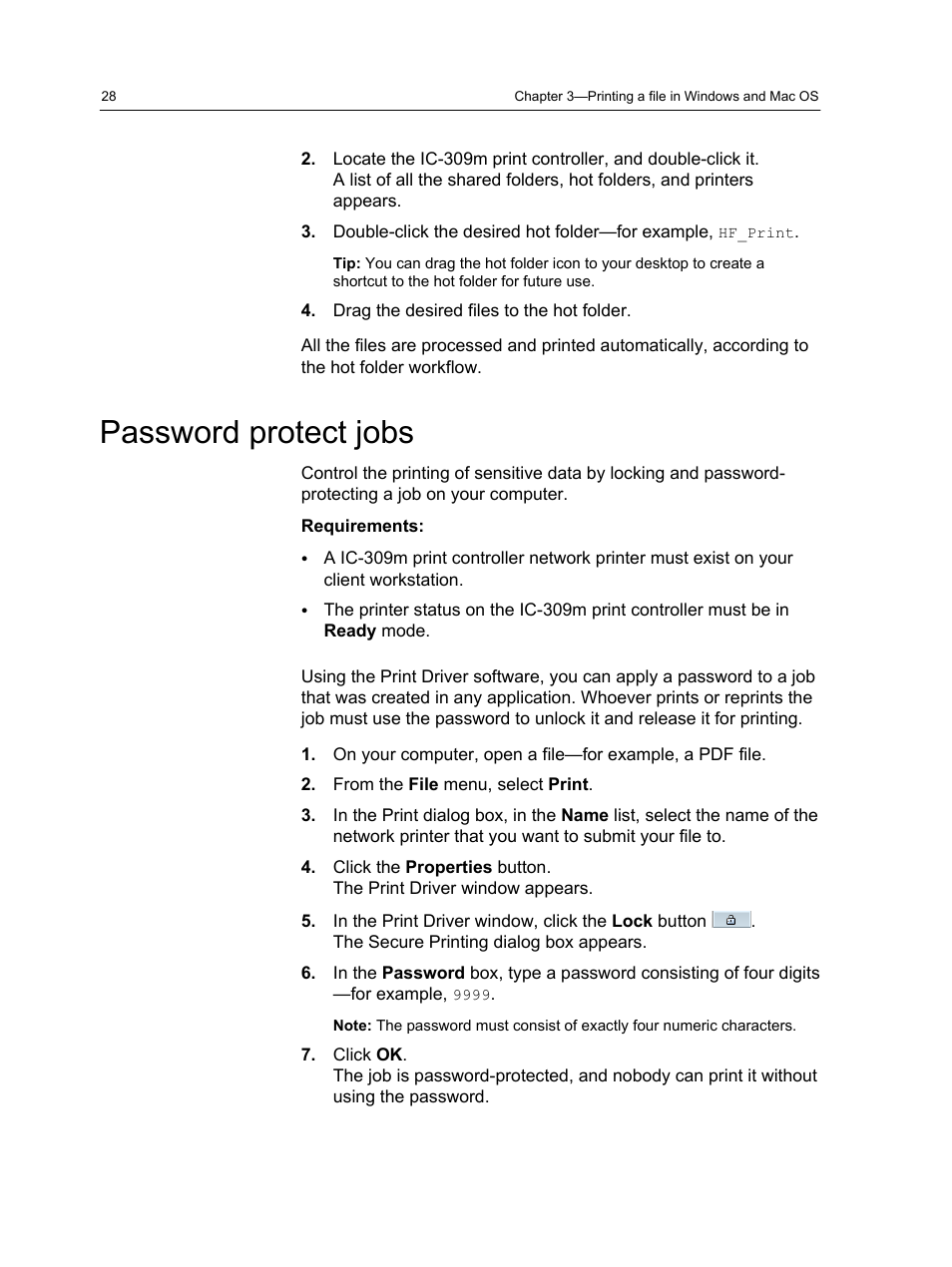 Password protect jobs | Konica Minolta bizhub PRESS 1250 User Manual | Page 36 / 200
