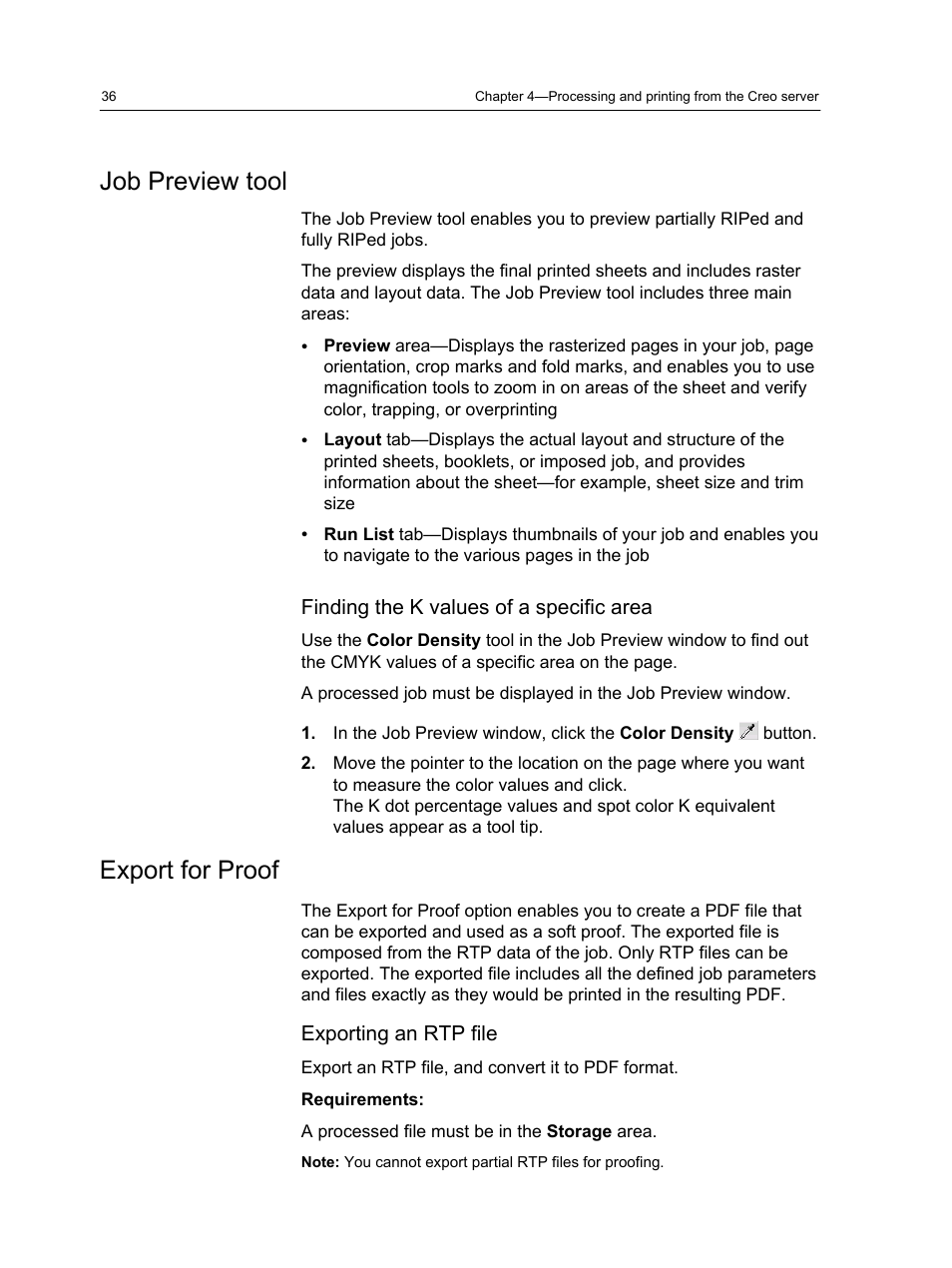 Job preview tool, Finding the k values of a specific area, Export for proof | Exporting an rtp file, Job preview tool export for proof | Konica Minolta bizhub PRESS 1250 User Manual | Page 44 / 200