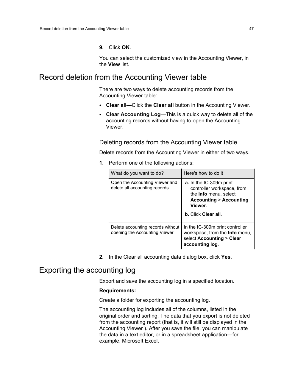Record deletion from the accounting viewer table, Deleting records from the accounting viewer table, Exporting the accounting log | Konica Minolta bizhub PRESS 1250 User Manual | Page 55 / 200