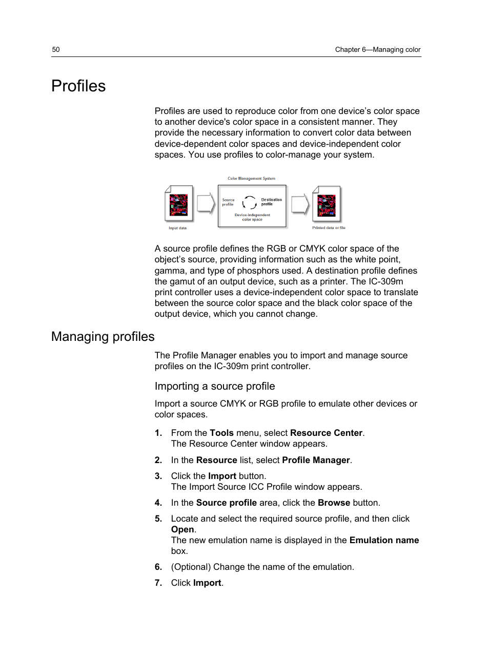 Profiles, Managing profiles, Importing a source profile | Konica Minolta bizhub PRESS 1250 User Manual | Page 58 / 200