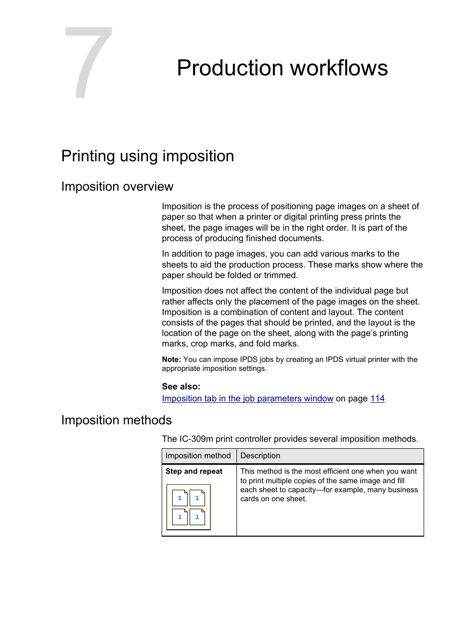 Production workflows, Printing using imposition, Imposition overview | Imposition methods, Imposition overview imposition methods | Konica Minolta bizhub PRESS 1250 User Manual | Page 67 / 200