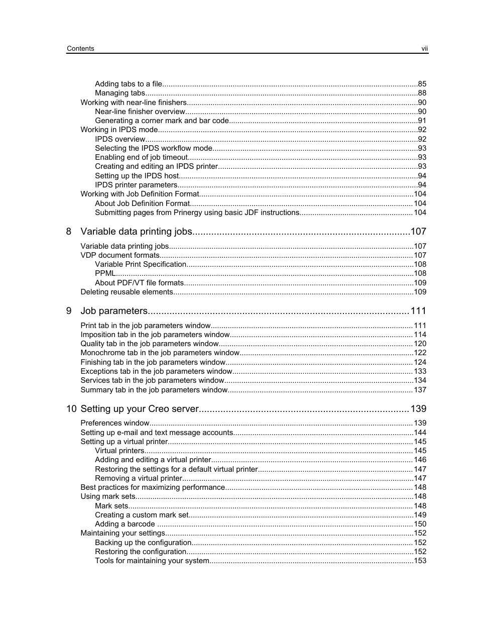 8 variable data printing jobs, 9 job parameters, 10 setting up your creo server | Konica Minolta bizhub PRESS 1250 User Manual | Page 7 / 200
