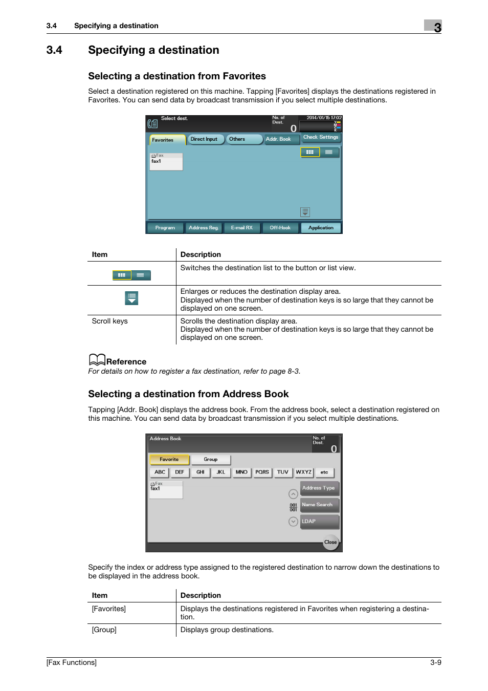 4 specifying a destination, Selecting a destination from favorites, Selecting a destination from address book | Konica Minolta bizhub C3350 User Manual | Page 20 / 69