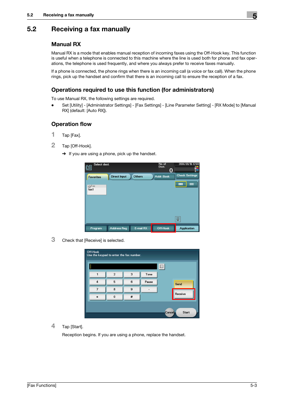 2 receiving a fax manually, Manual rx, Operation flow | Konica Minolta bizhub C3350 User Manual | Page 41 / 69