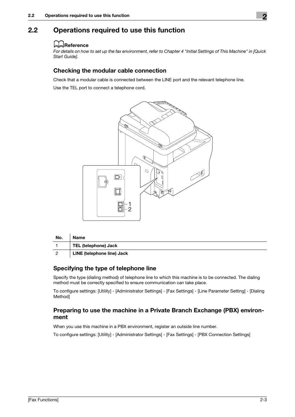 2 operations required to use this function, Checking the modular cable connection, Specifying the type of telephone line | Konica Minolta bizhub C3350 User Manual | Page 9 / 69