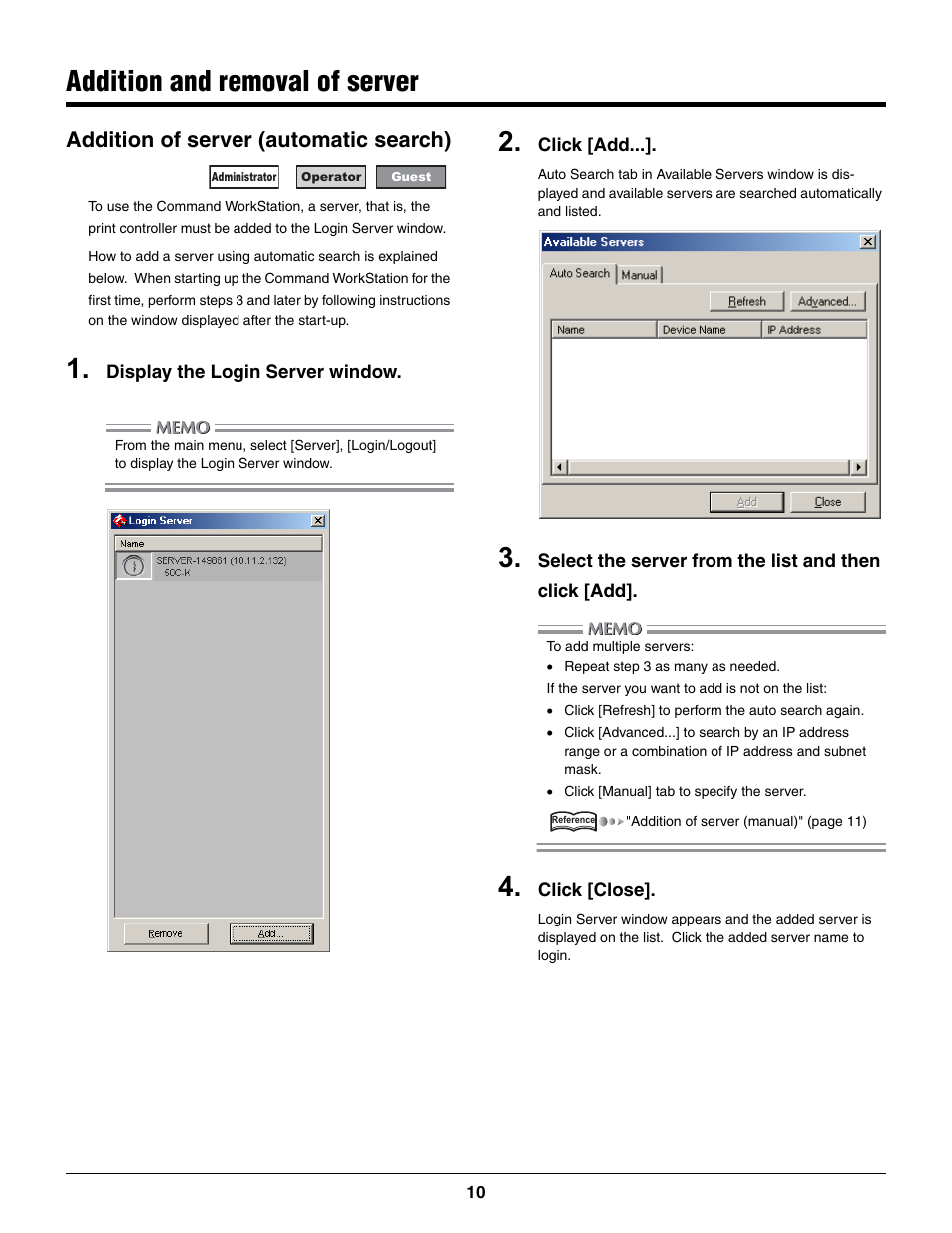 Addition and removal of server, Addition of server (automatic search) | Konica Minolta bizhub PRO C500 User Manual | Page 10 / 22