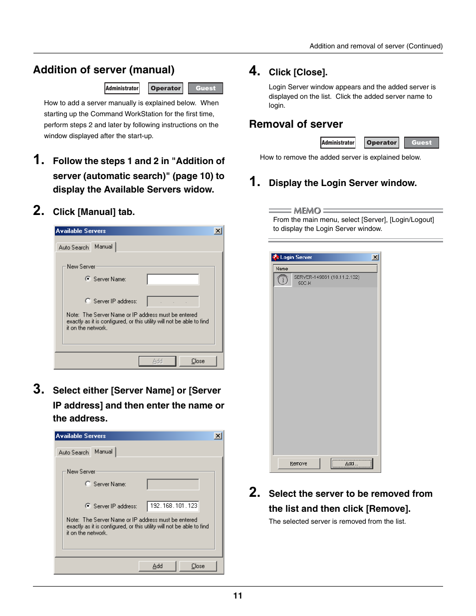 Addition of server (manual), Removal of server | Konica Minolta bizhub PRO C500 User Manual | Page 11 / 22