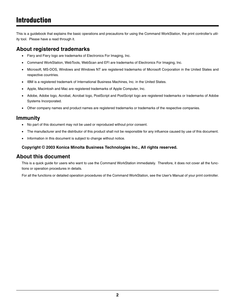 Introduction, About registered trademarks, Immunity | About this document | Konica Minolta bizhub PRO C500 User Manual | Page 2 / 22