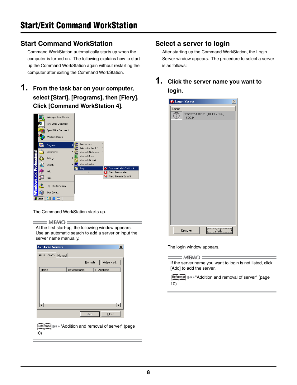 Start/exit command workstation, Start command workstation, Select a server to login | Konica Minolta bizhub PRO C500 User Manual | Page 8 / 22