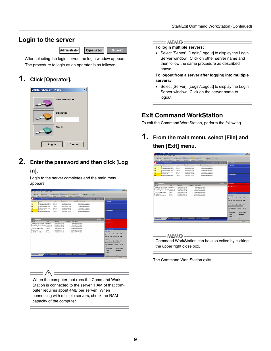 Login to the server, Exit command workstation | Konica Minolta bizhub PRO C500 User Manual | Page 9 / 22