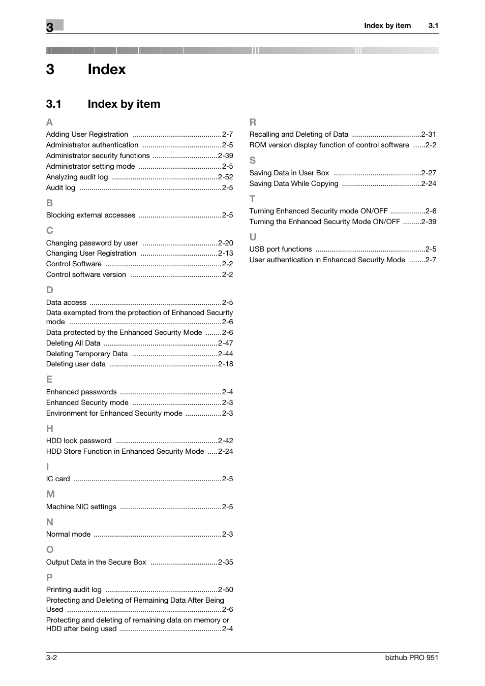 3 index, 1 index by item, Index | Index by item -2, 3index | Konica Minolta bizhub PRO 951 User Manual | Page 66 / 76