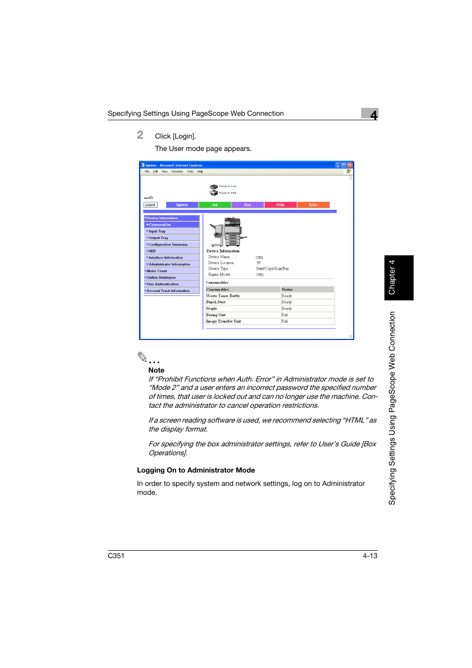 Logging on to administrator mode, Logging on to administrator mode -13 | Konica Minolta BIZHUB C351 User Manual | Page 272 / 396