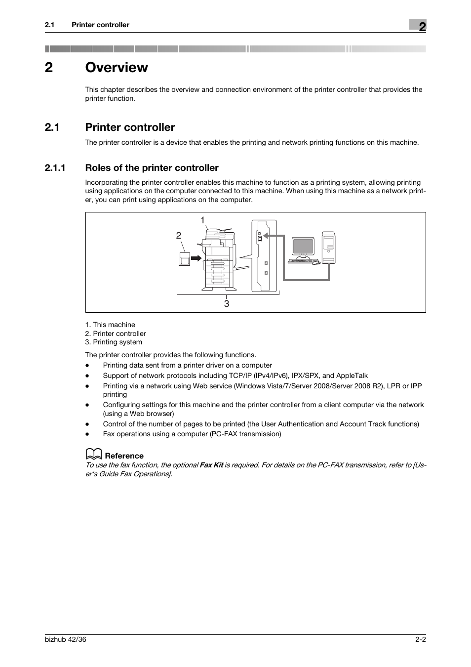 2 overview, 1 printer controller, 1 roles of the printer controller | Overview, Printer controller -2, Roles of the printer controller -2, 2overview | Konica Minolta bizhub 36 User Manual | Page 12 / 198