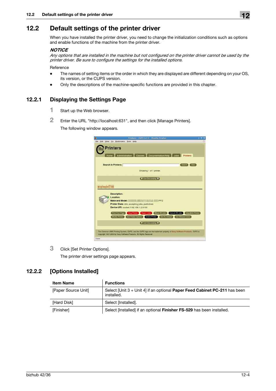 2 default settings of the printer driver, 2 [options installed, Default settings of the printer driver -4 | Options installed] -4 | Konica Minolta bizhub 36 User Manual | Page 127 / 198