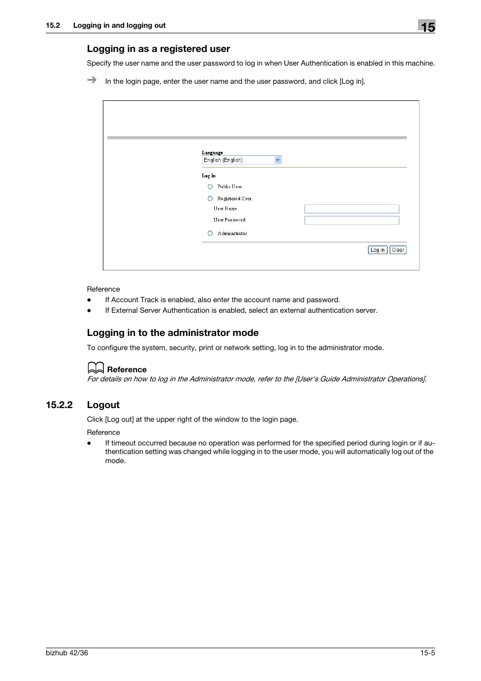 Logging in as a registered user, Logging in to the administrator mode, 2 logout | Logout -5 | Konica Minolta bizhub 36 User Manual | Page 164 / 198
