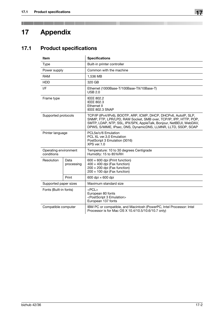 17 appendix, 1 product specifications, Appendix | Product specifications -2 | Konica Minolta bizhub 36 User Manual | Page 179 / 198
