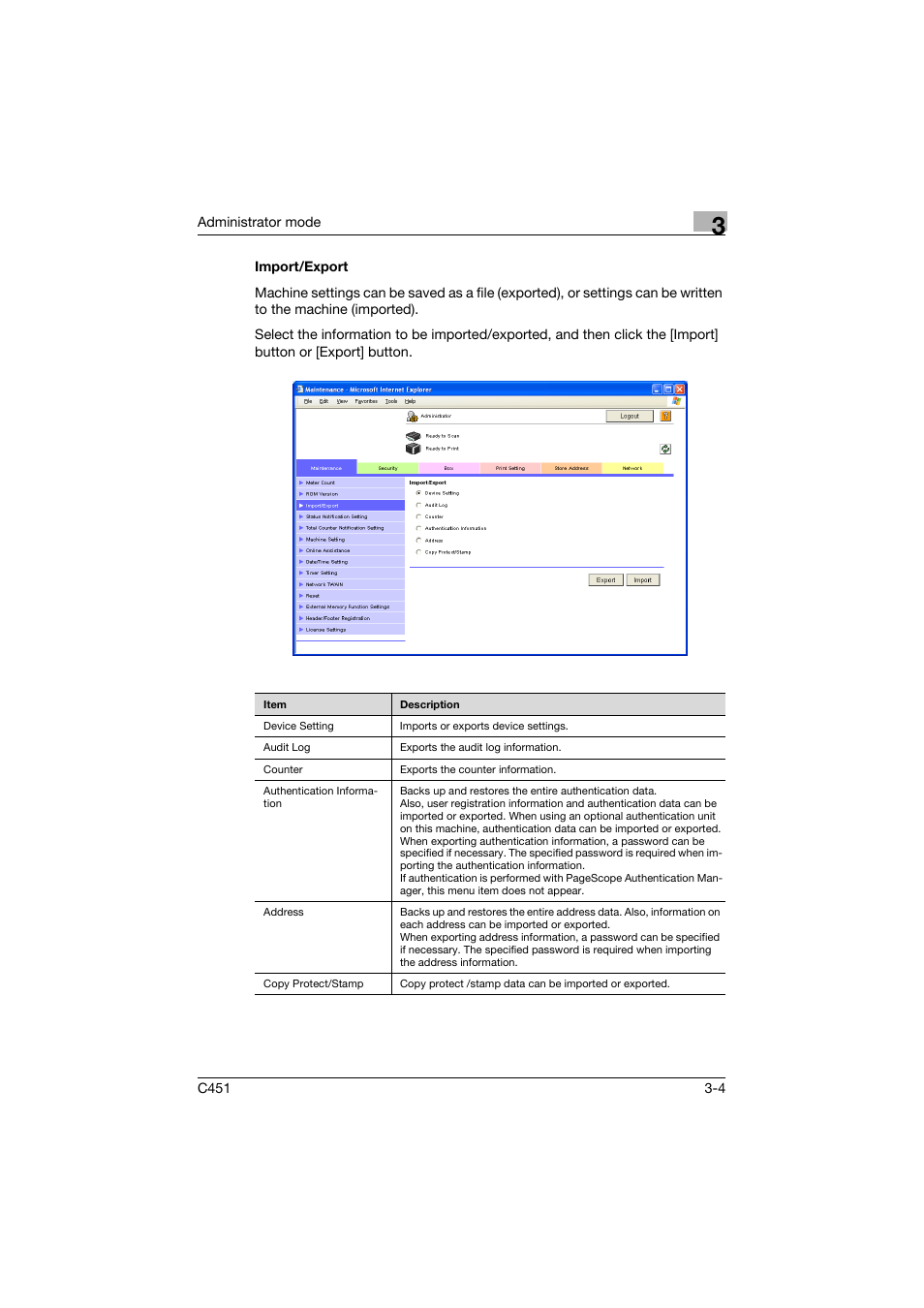 Import/export, Import/export -4 | Konica Minolta bizhub C451 User Manual | Page 113 / 246