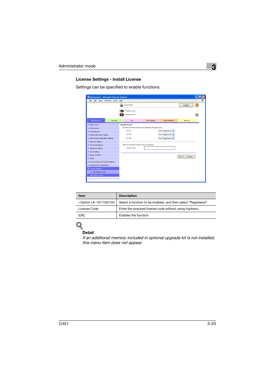 License settings - install license, License settings - install license -23 | Konica Minolta bizhub C451 User Manual | Page 132 / 246