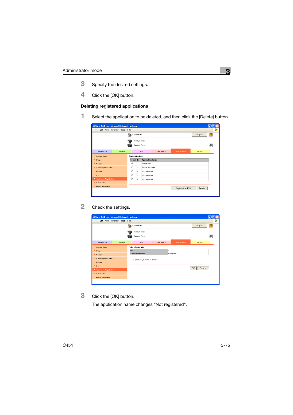Deleting registered applications, Deleting registered applications -75 | Konica Minolta bizhub C451 User Manual | Page 184 / 246