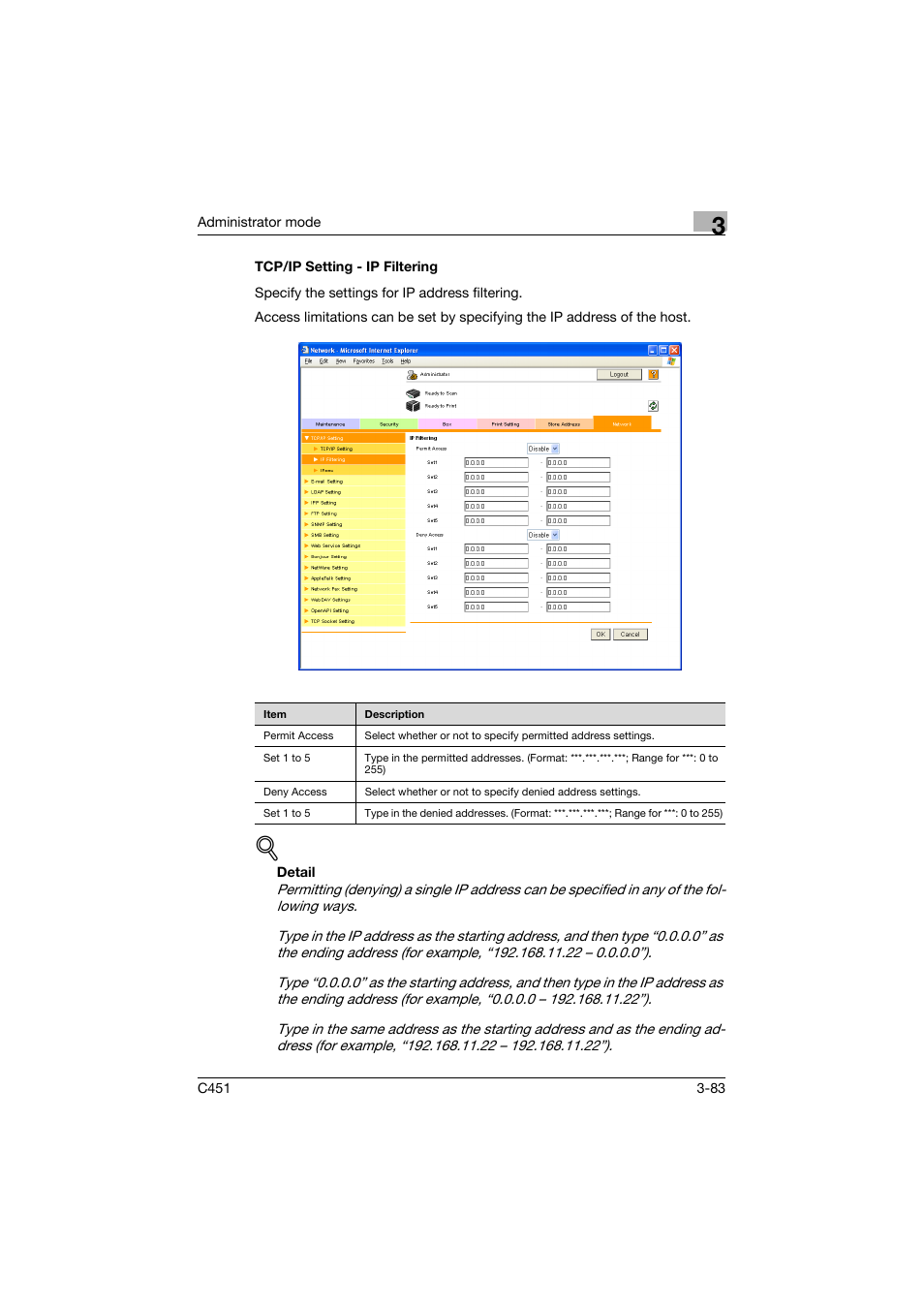 Tcp/ip setting - ip filtering, Tcp/ip setting - ip filtering -83 | Konica Minolta bizhub C451 User Manual | Page 192 / 246
