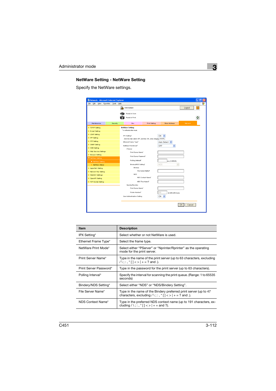Netware setting - netware setting, Netware setting - netware setting -112 | Konica Minolta bizhub C451 User Manual | Page 221 / 246