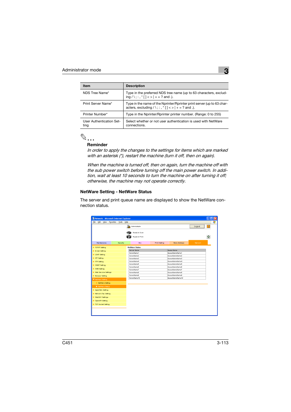 Netware setting - netware status, Netware setting - netware status -113 | Konica Minolta bizhub C451 User Manual | Page 222 / 246