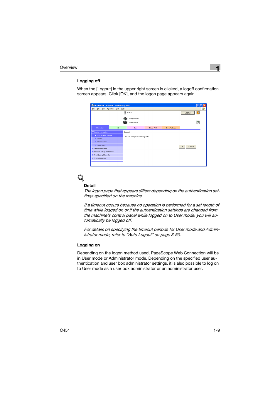 Logging off, Logging on, Logging off -9 logging on -9 | Konica Minolta bizhub C451 User Manual | Page 30 / 246