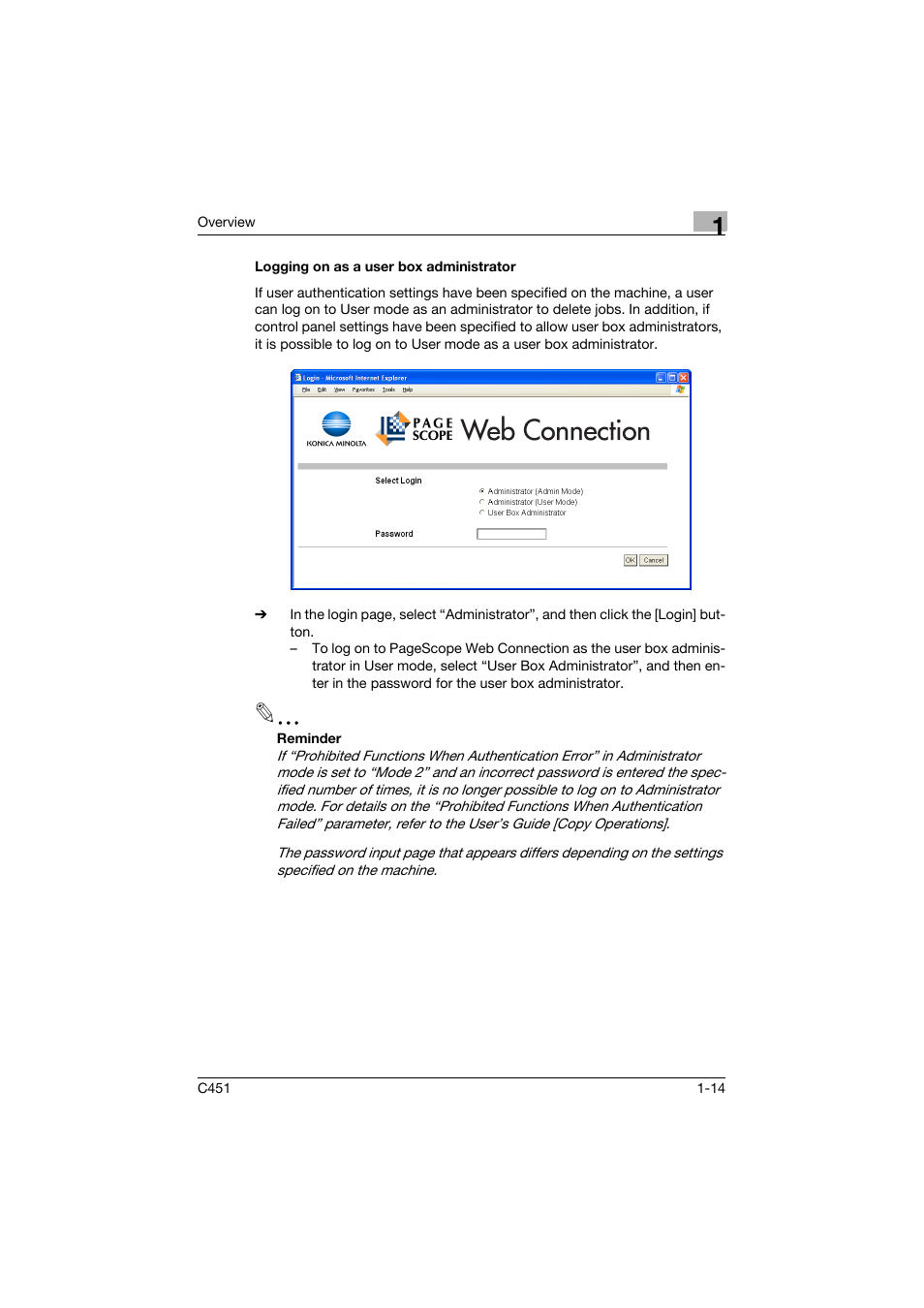 Logging on as a user box administrator, Logging on as a user box administrator -14 | Konica Minolta bizhub C451 User Manual | Page 35 / 246