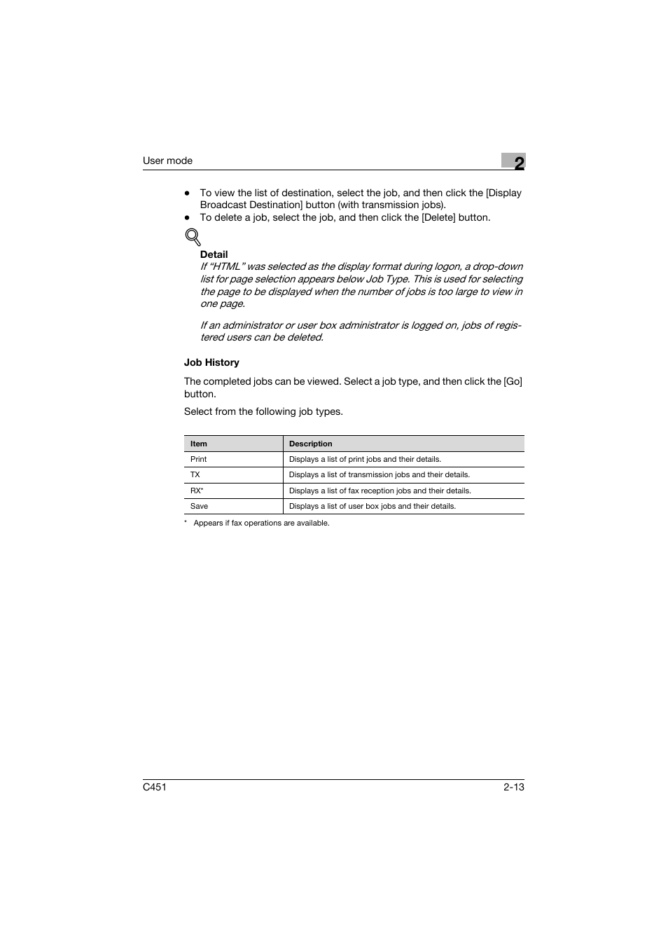 Job history, Job history -13 | Konica Minolta bizhub C451 User Manual | Page 48 / 246
