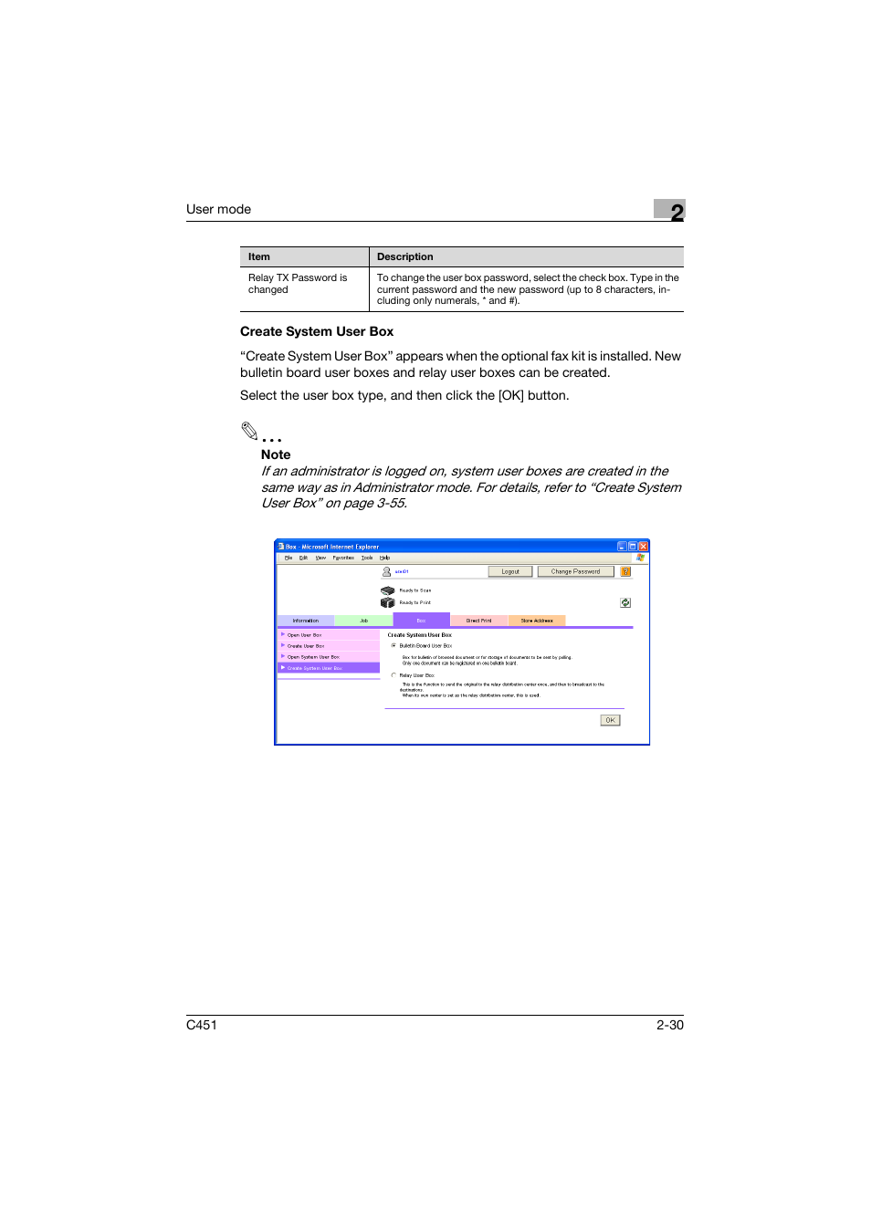 Create system user box, Create system user box -30 | Konica Minolta bizhub C451 User Manual | Page 65 / 246