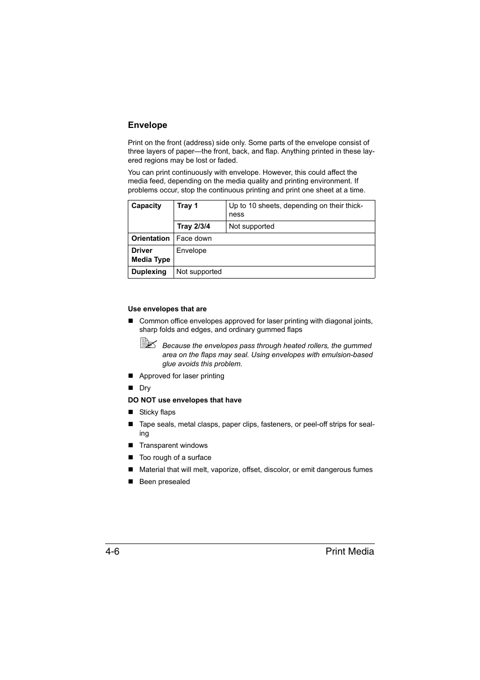 Envelope, Envelope -6, Print media 4-6 | Konica Minolta bizhub C35 User Manual | Page 131 / 394