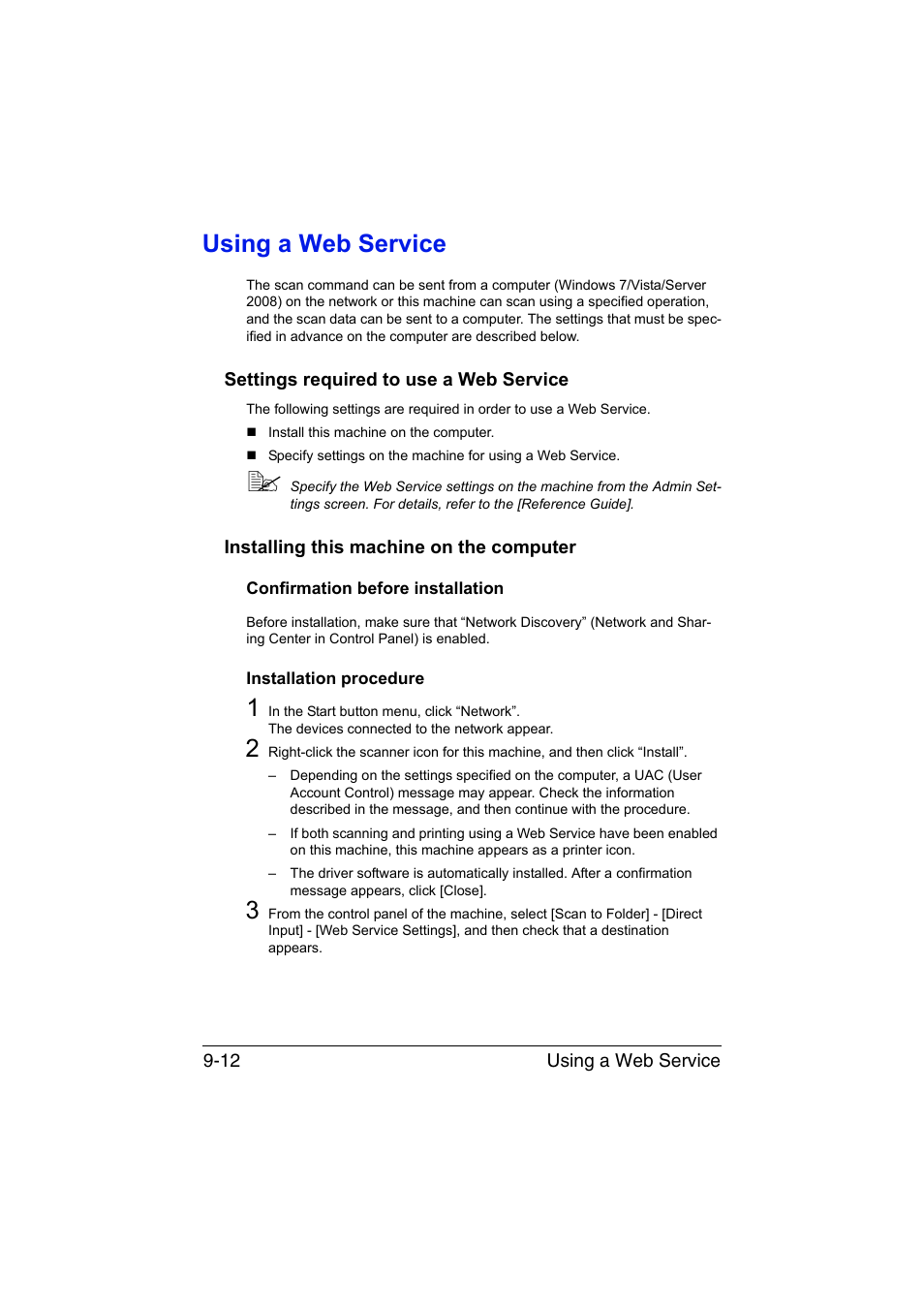Using a web service, Settings required to use a web service, Installing this machine on the computer | Confirmation before installation, Installation procedure, Using a web service -12 | Konica Minolta bizhub C35 User Manual | Page 213 / 394